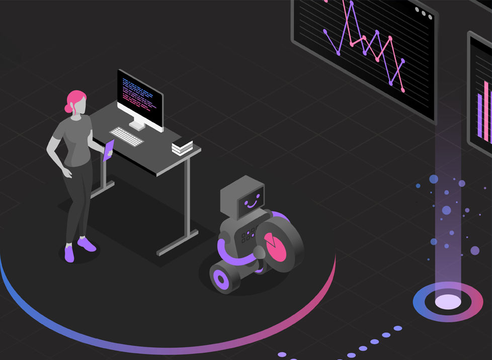 A futuristic illustration featuring a person standing next to a desk with a computer monitor. The person is wearing headphones and is interacting with a small robot on wheels holding a gear-like object. In the background, there are digital charts and graphs displayed on screens. The overall color scheme is dark with neon accents, blending shades of purple, blue, and pink. The scene suggests a high-tech, data-driven environment.